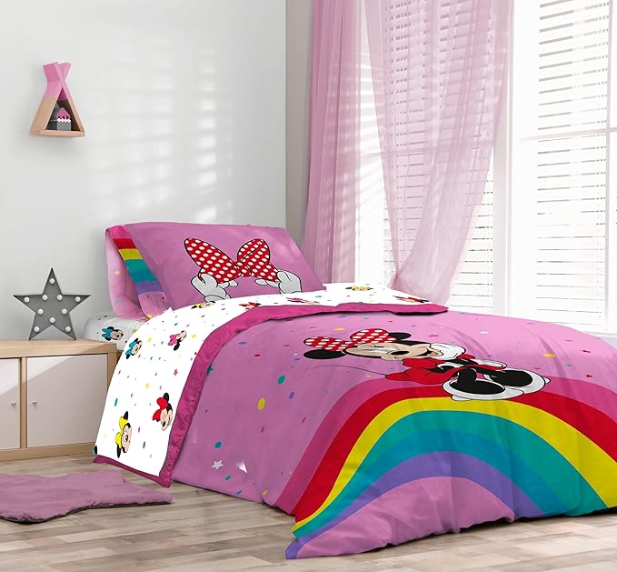 Sunny Side Up Disney Minnie Mouse Twin Comforter Set – 5 Piece Kids Bedding Includes Comforter, Sheets & Pillow Cover – Super Soft Rainbow Dots Microfiber Bed Set