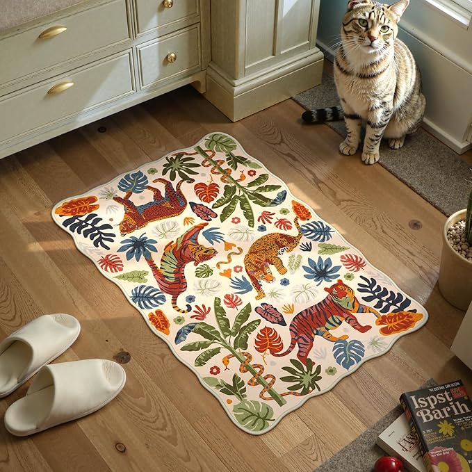 LEEVAN Washable Tiger Rug 2x3 Bathroom Rugs Non Slip Scalloped Beige Entryway Mat Leopard Front Door Mat Low Pile Rug Pad for Porch Soft Jungle Laundry Mat