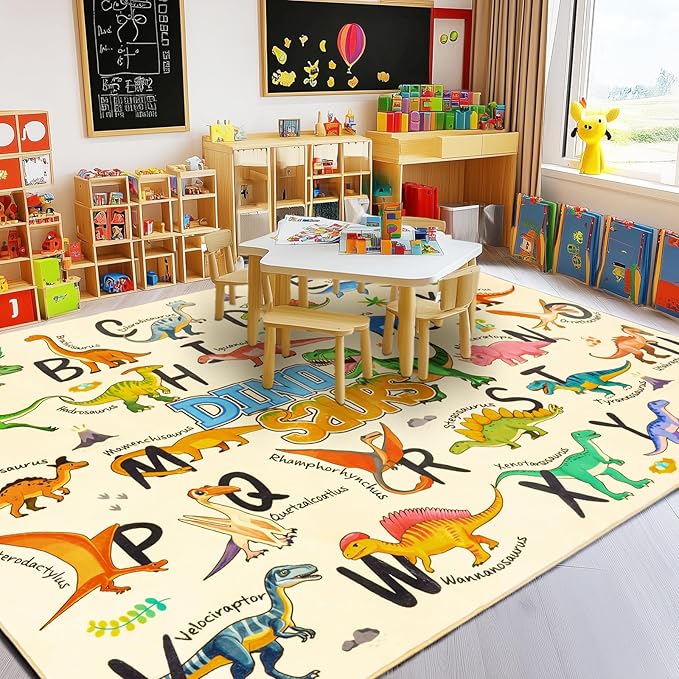 Kids Rugs for Playroom, 8x10 Feet Educational Rug for Learn The ABC Alphabet, Soft Machine Washable Non-Slip Cute Dinosaur Carpet for Classroom Toddler Nursery Kids Room Decor Mat, Beige