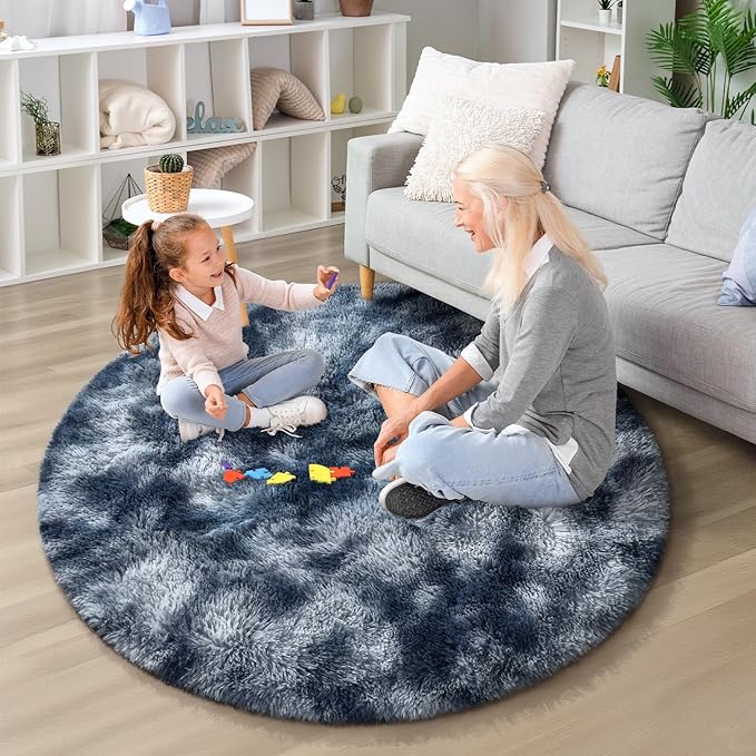 EVOIONOS Tie-Dyed Blue Grey Round Rug Living Room, 6x6 Ft Fluffy Soft Circle Area Rugs Bedroom, Plush Shaggy Circular Carpet Indoor Floor Bedside Kids Nursery, Machine-Washable Home Decor Aesthetic
