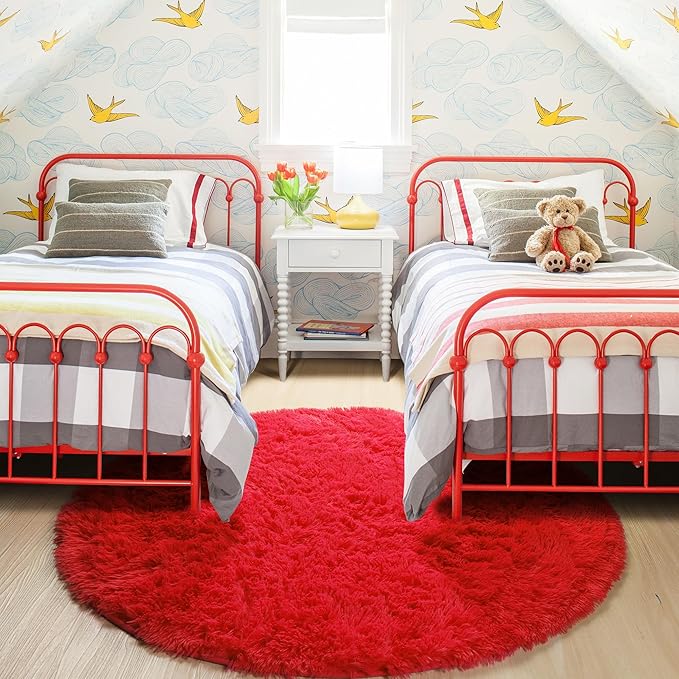 Red Circle Round Rug 7Ft for Living Room Bedroom, Large Fluffy Shag Area Rugs for Kids Room Decor Aesthetic, Fuzzy Plush Fur Carpets for Nursery Classroom, Red Carpet, Indoor Furry Rugs for Teen Boys