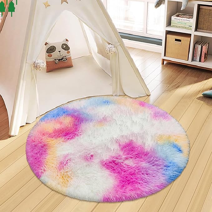 Rainbow Round Rugs 3ft Kids Rugs for Girls Bedroom, Fluffy Princess Shag Carpet Unicorn Rugs Room Decor, Small Circle Area Rugs for Baby Nursery, Toddler Room Decor