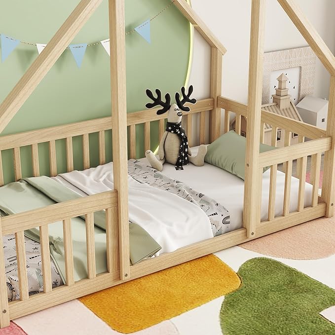 Bellemave Twin Floor Bed for Kids, Girls, Boys, Wood House Bed Frame, House Floor Bed, Twin Size Montessori Floor Bed with Fence, Playhouse, Natural