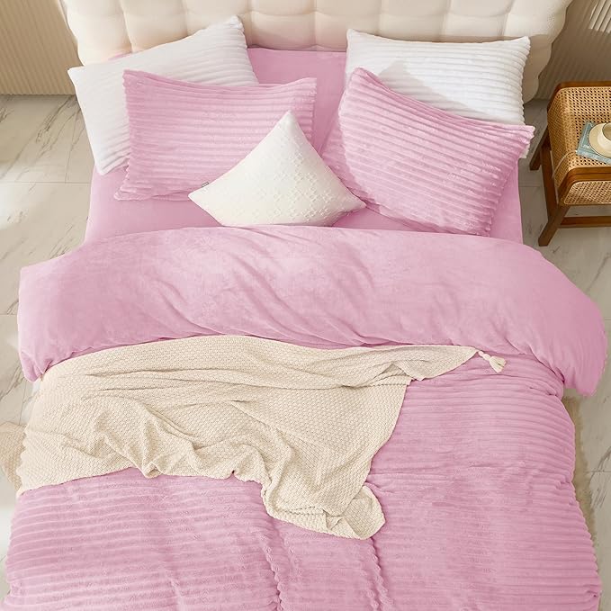 JELLYMONI Plush Duvet Cover Set - Twin Size Pink Striped Fluffy Comforter Cover 2pcs Bedding Set Luxury Ultra Soft Faux Fur Duvet Cover with Zipper and 1 Pillowcase (NO Comforter)