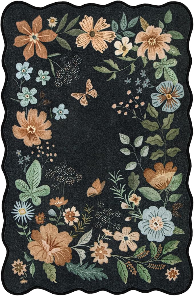 Lahome Floral Washable Rugs for Bedroom, 4X6 Living Room Rug Ultra-Thin, Non-Slip Soft Stain Resistant Boho Throw Carpet for Office Entryway Dining Room (4x6ft,Black/Grey)