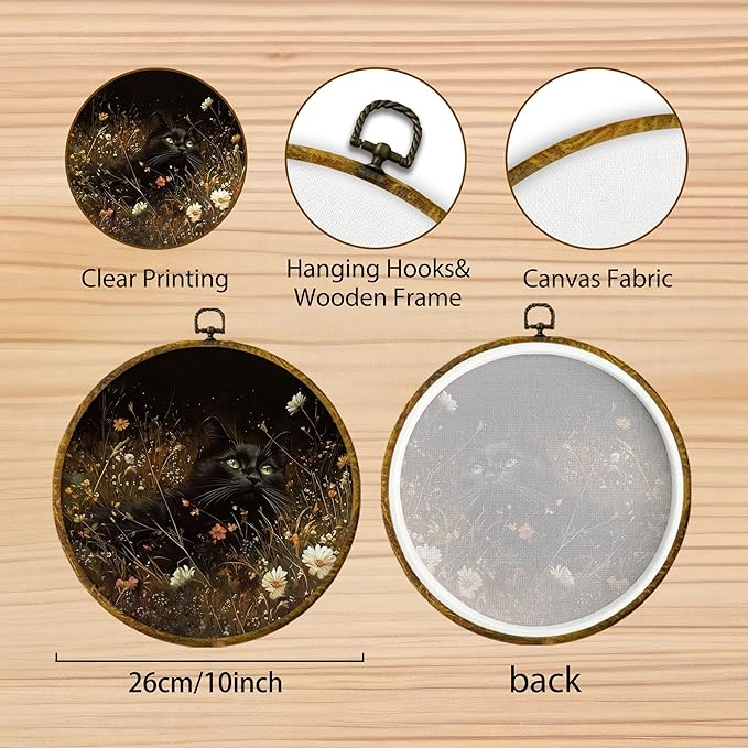 Hiuwevt Black Cat Round Wall Art Decor, Vintage Cottagecore Floral Wildflower Hanging Canvas Prints Artwork Framed, Rustic Dark Academia Maximalist Circular Wall Decor for Home Room, 10x10 Inch