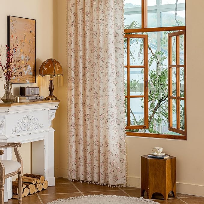 OYX Pink Boho Floral Curtains 63 Inch Long 2panels, French Vintage Farmhouse Patterned Decor Window Drapes with Tassels, Girls Semi-Sheer Light Filtering for Bedroom Living Room (Rod Pocket, 52wx84l)