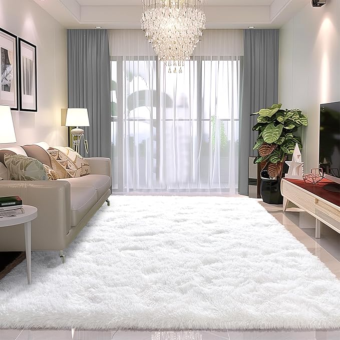 5x7 Rugs for Living Room - 1.4" Height Pile Plush Rug for Dorm - Soft Non-Slip Fluffy Throw Carpet Bedroom White