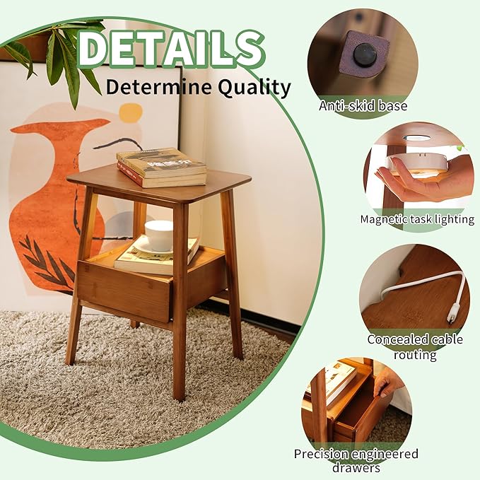 Fluted Nightstand with Drawer – Tall Solid Bamboo Bedside Table with Open Shelf, Modern End Table with Storage for Bedroom, Living Room, Office (Natural Wood)