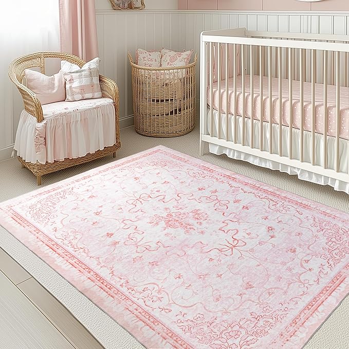 Pink Area Rugs 8x10 for Bedroom Playroom - Large Pastel Boho Classroom Rug,Washable Under Bed Bow Floral Cottagecore French Country Rug for Living Room Nursery,Cute Room Decor Aesthetic for Teen Girl