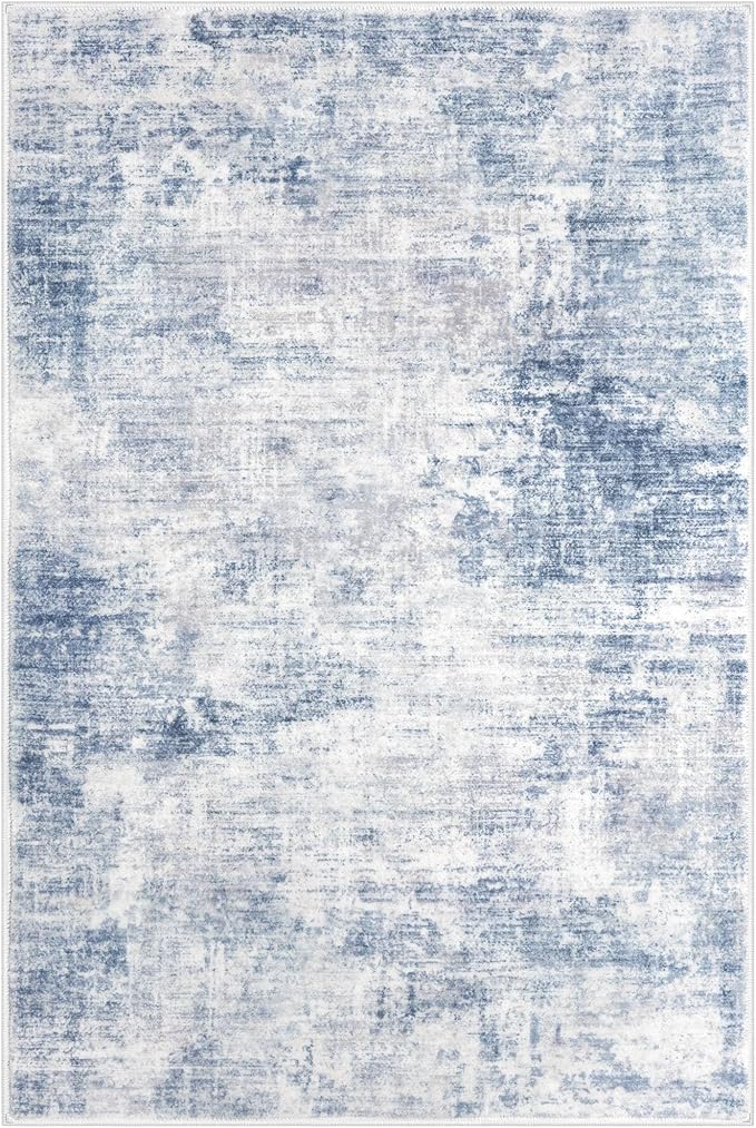IOHOUZE Abstract Area Rug 4x6 Ft Washable Rugs for Entryway Indoor, Non Slip Small Living Room Rugs Printed Faux Wool Throw Rug, Floor Carpet for Kitchen Nursery Playroom, Light Blue White