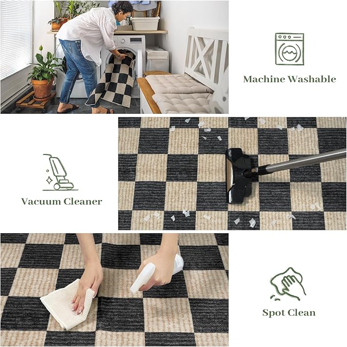 LIVEBOX Washable Runner Rug Checkered, 2x6 Black Runner Rugs for Hallway, Non-Slip Kitchen Runners, Farmhouse Neutral Classic Geometric for Hallways, Entryway, Bedroom, Bathroom(Black 2'x6')