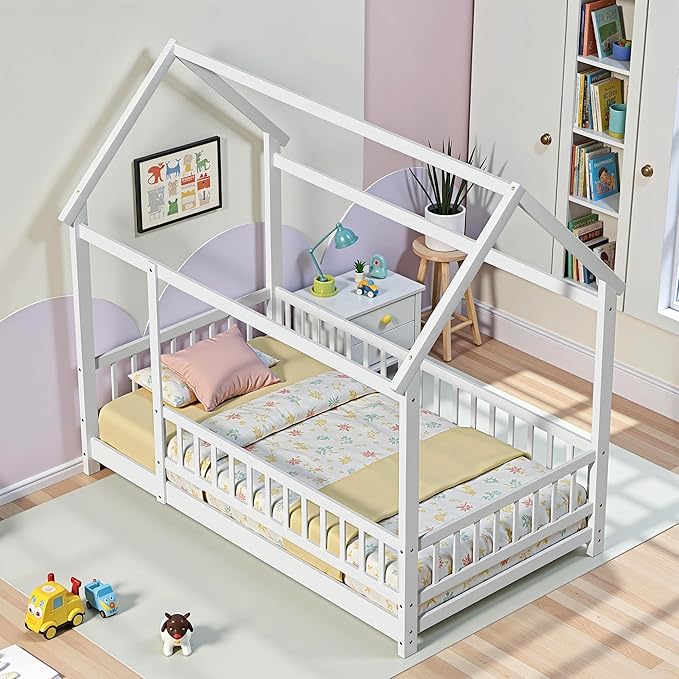 LLS Twin Montessori Floor Bed, Wooden Floor Bed Frame with Slats and Fence, House Bed for Boys Girls Bedroom, White
