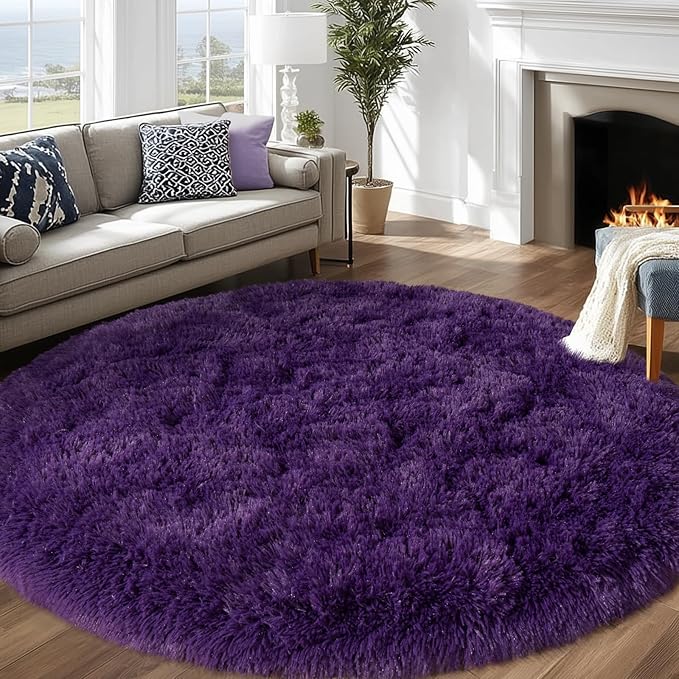 Round Purple Rug for Bedroom, 5 ft Circle Area Rugs for Living Room, Soft Fluffy Shag Carpet for Teen Girls Boys Nursery Room Dorm Home Decor Aesthetic