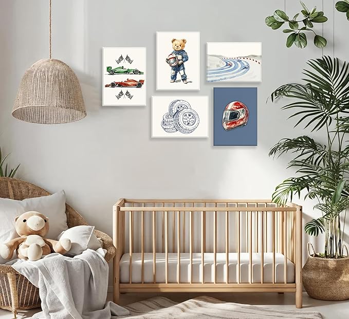 Vintage Racing Car Nursery Wall Art Teddy Bear Pictures Wall Decor Boy Navy Blue Vehicle Posters Retro Sport Painting Canvas Print Artwork for Kids Boy Room Playroom, Framed