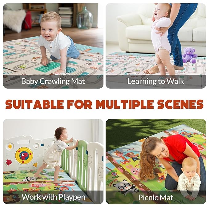 Mergren Foldable Baby Playmat 79"x51"x0.4", Reversible, Double-Sided Crawling Foam Mat for Infants and Toddlers - BPA-Free, Non-Toxic, Anti-Slip,Portable Folding - Indoor and Outdoor Use