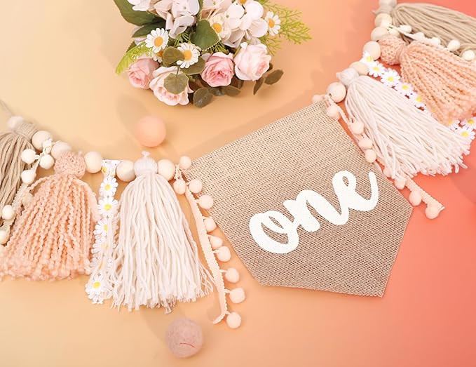 Yarn Tassel One High Chair Banner -Daisy Baby First Birthday Decorations,Cake Smash Shabby Chic Banner Photo Props,Vintage 1st Birthday Highchair Bunting,Holiday Home Wall Hanging Decorations.
