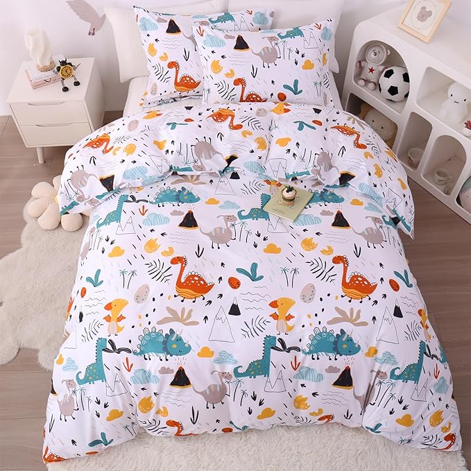 JSD Dinosaur Kids Duvet Cover Set Twin Size, 2 Piece Soft Printed Microfiber Bedding Comforter Cover with Pillow Sham Zipper Closure, Comforter Not Included