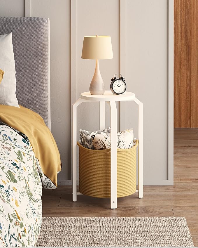 TUTOTAK Small Side Table, Round End Table, Night Stand, Bedside Table, Set of 2, Sofa Table with Storage Basket, Living Room, Bed Room, White and Beige TB01BWN0922