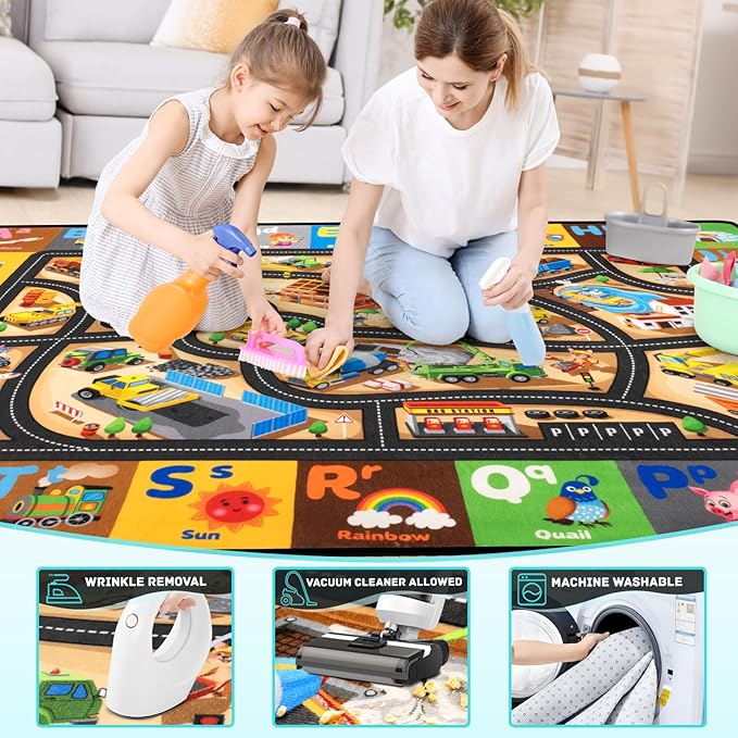 Construction Site Play Rug 3x5FT Car Rug for Kids Toy Cars Non-Slip Car Carpet Baby Play Mat for Floor Washable ABC Alphabet Playroom Nursery Preschool Daycare Carpet