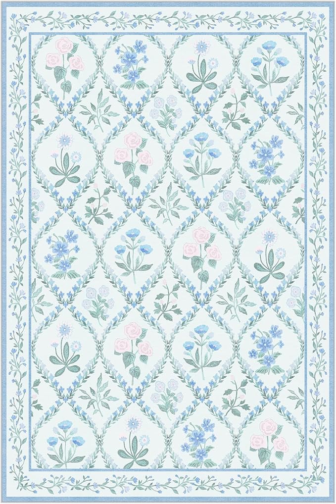 4x6 Rugs for Bedroom Girls, Boho Blue Floral Washable Area Rug Non Slip, Soft Indoor Cute Decor Elegant Carpet for Kids Room Nursery Dorm Living Room Dining Room, Blue Multi