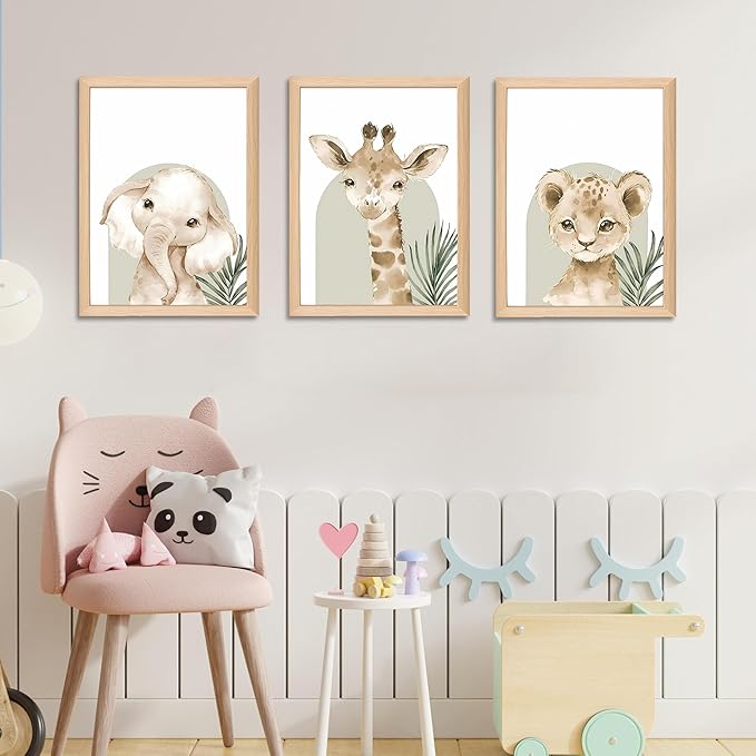 Framed Cute Animal Wall Art Nursery Decor Set of 3, Watercolor Elephant Giraffe Lion Canvas, Whimsical Wildlife Pictures Print, Nursery Wall Decor for Kids’ Bedroom Daycare – 16x24 inch