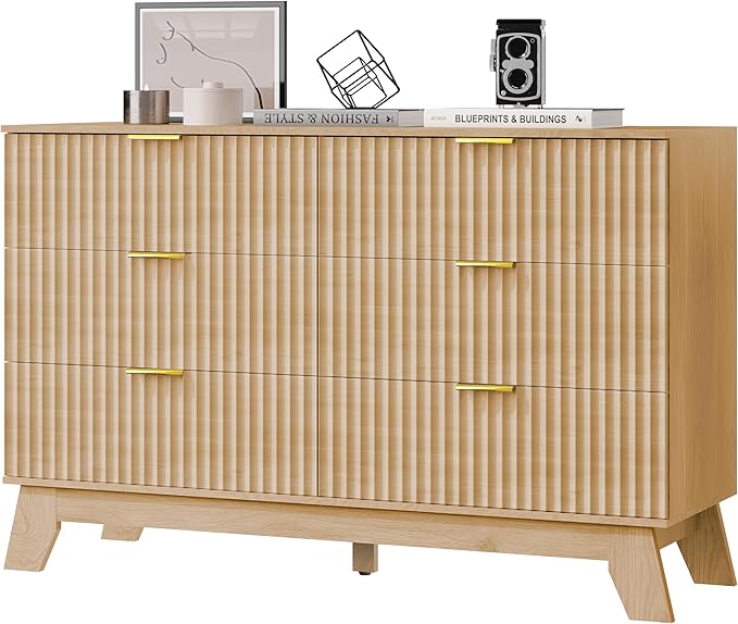 6 Drawer Dresser for Bedroom, Fluted Dressers Chest of Drawers with Gold Handle, Mid Century Modern Dresser for Closet, Wood Closet Storage Organizer Furniture for Bedroom, Living Room, Natural
