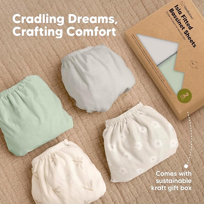 2-Pack Organic Bassinet Sheets for Girls, Boys - 100% Cotton Bassinet Mattress Sheets Compatible with Halo Bassinest Swivel Sleeper, Graco, Baby Delight, Chicco, Unisex Fitted Bassinet Sheets (Sage)
