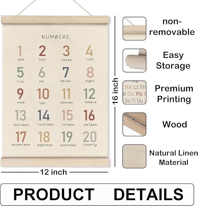 HRQKO Alphabet Numbers Poster Hanger Frame Set of 2, Nursery Wall Decor, ABC Banner Poster Wall Art with Wooden Frames, Alphabet Banner Wall Hanging Decor for Toddler Playroom Nursery, 12x16 Inch