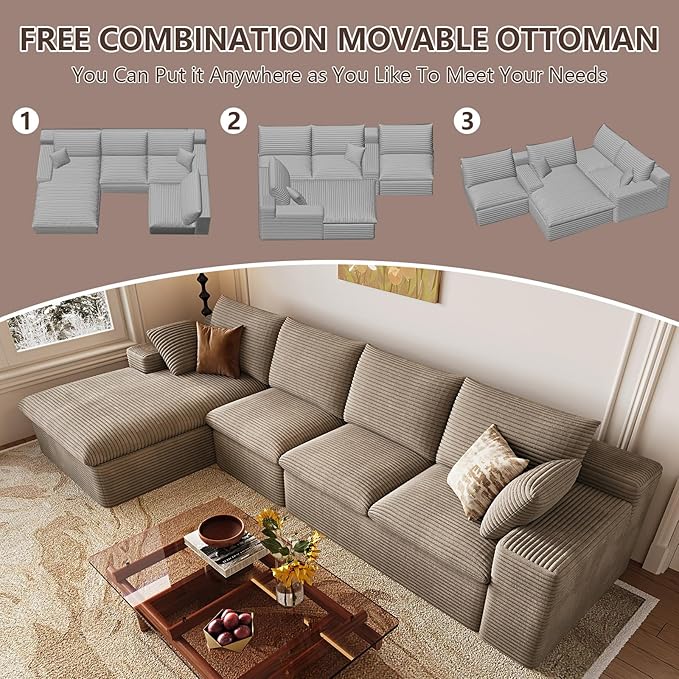 136 Inch Cloud Sectional Couch, Modern Modular Sectional Sofa with Deep Seat, Corduroy Boneless Couches with L-Shape Chaise for Living Room Bedroom, No Assembly Required (Camel, Left Facing Chaise)