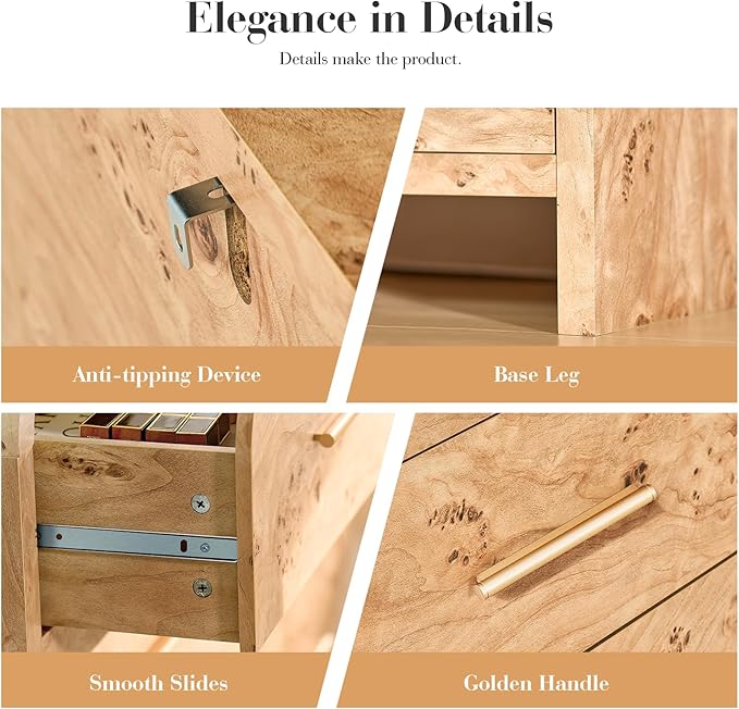 Curved 9-Drawer Dresser for Bedroom, 63" Wide Modern Chest of Drawers, Vanity Desk TV Stand for Living Room, Closet Storage Drawers Organizer Furniture, Nursery, Hallway, Light Burl
