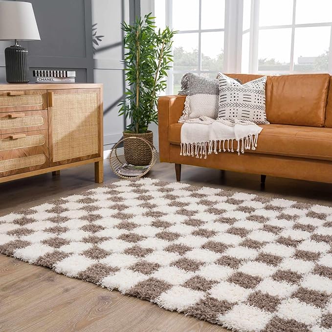 Hauteloom Atira Contemporary Checkered Fluffy Shag Area Rug - Modern Geometric Carpet Tiles for Living Room, Kids Room, Nursery - Plush Pile - Cream, Brown - 8'10" x 12'
