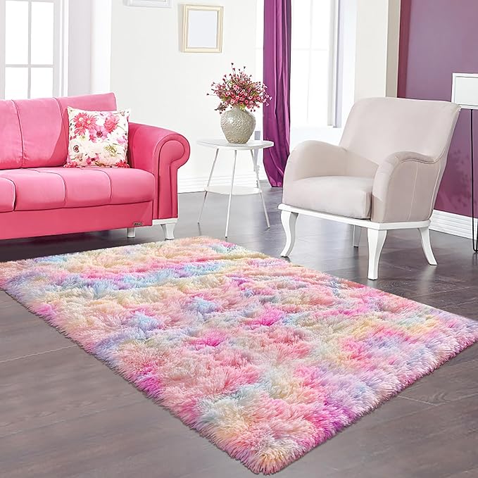 3x5 Pastel Rainbow Rug for Girls Bedroom, Fluffy Colorful Unicorn Rug for Kids Room Cute Floor Carpets Shaggy Playing Mat for Toddler Baby Girls Room Nursery Home Tie-Dyed Rainbow Rugs