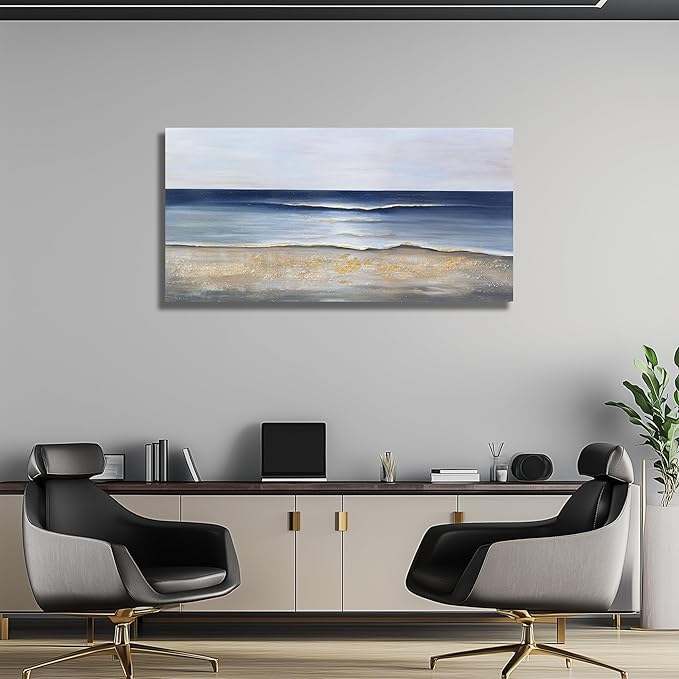 Yuaxker Ocean Wall Art Blue and Gold Modern Minimalist Wall Decor Sea Wave and Beaches Canvas Painting for Living Room Bedroom Dinning Room Home Office Home Decor 24x48 inch
