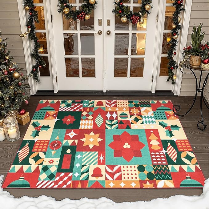 jinchan Christmas Rug 4x6 for Entryway Washable Christmas Living Room Rug Xmas Geometric Floor Mat Non-Slip Soft Throw Carpet Festive Red-Green Holiday Patch Decor for Bedroom Kitchen Bathroom