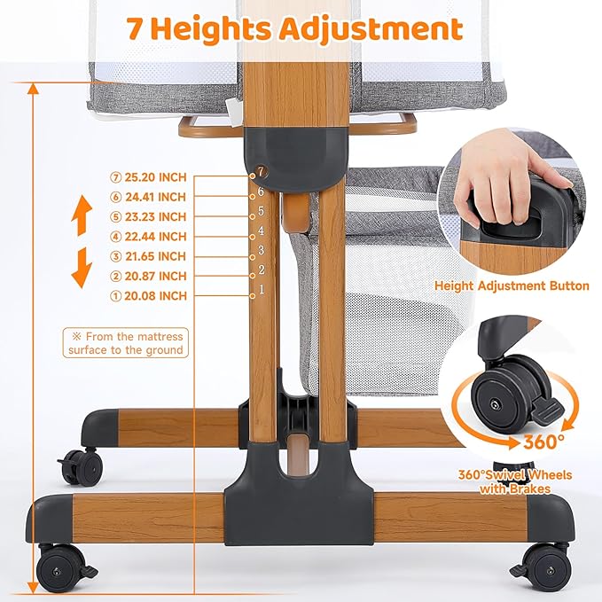 Ezebaby 3-in-1 Baby Bassinet, Rocking Baby Bassinets Bedside Sleeper, Adjustable Portable Crib for Newborn Infant with Wheels Storage Basket and Mesh Sides