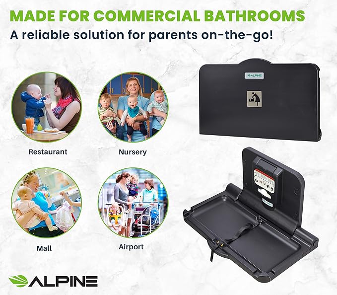 Alpine Wall Mounted Baby Changing Station 2 Pack - Horizontal Baby Changing Table Foldable Diaper Tables with Safety Strap for Commercial Bathroom, ADA Complaint (Hardware Included) Black
