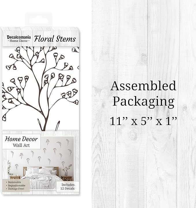Floral Wall Decals - Set of 12 Large 10" Brown Floral Vinyl Wall Stickers for Kitchen Bedroom Living Room Laundry Bathroom Decor Removable Peel and Stick Indoor Wall Decor