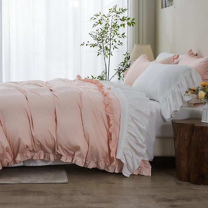 Simple&Opulence Kids 100% Organic Cotton Twin Duvet Cover Ruffle 2Pcs(1 Comforter Cover 1 Pillowcase) Cute Lace Vintage Boho Shabby Chic Farmhouse Bedding Set Teen Girls(Peach Pink,Twin)