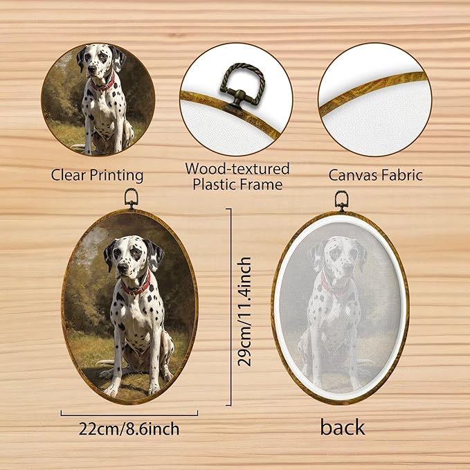 Hiuwevt Vintage Dalmatian Dog Oval Wall Art Decor, Antique Dog Gifts Framed Canvas Prints, Rustic Retro Dalmatian Oval Wall Hanging Decor for Home Gallery Decorations, 8.6x11.4 Inches