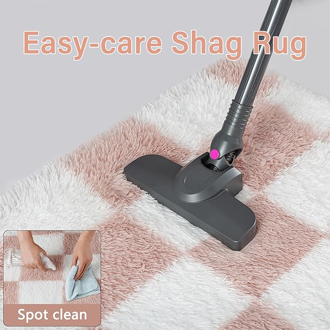 Checkered Rug 4x4 for Living Room, Pink and White Modern Shag Rug Super Soft Washable Indoor Fuzzy Carpet Non-Slip Fluffy Rugs for Bedroom Home Aesthetic Decor