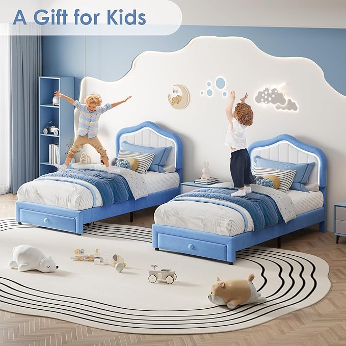 GarveeHome Twin Upholstered Bed Frame with Storage Drawer and Smart Led Headboard, Twin Size Platform Bed Frames for Kids, Wooden Slats Support, No Box Spring Needed, Easy Assembly, Blue