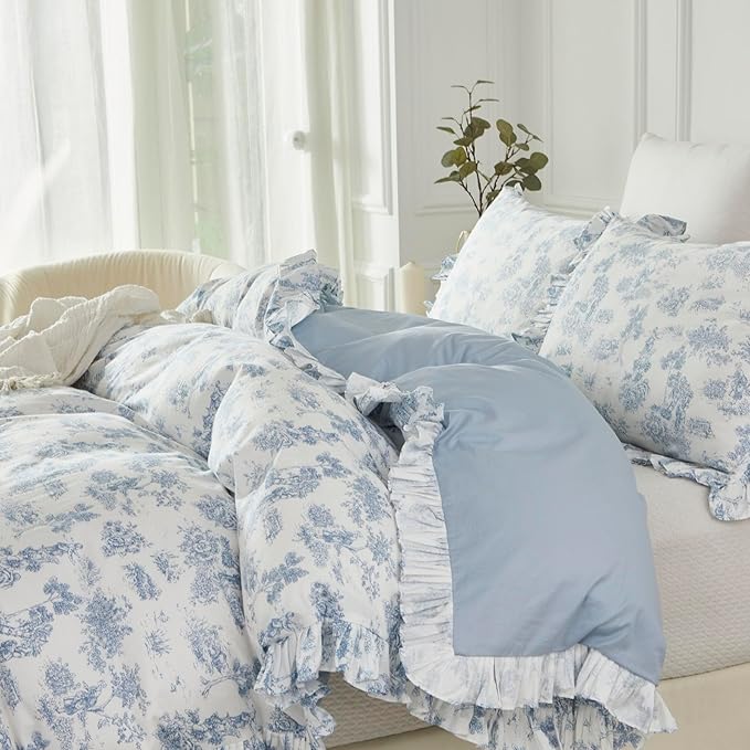 Brandream French Country Toile Duvet Cover Set Twin Size for Girls Bedroom Vintage Blue Toile Floral Print 100% Cotton Kids Duvet Quilt Comforter Cover Pillow Shams Set with Ruffles Design