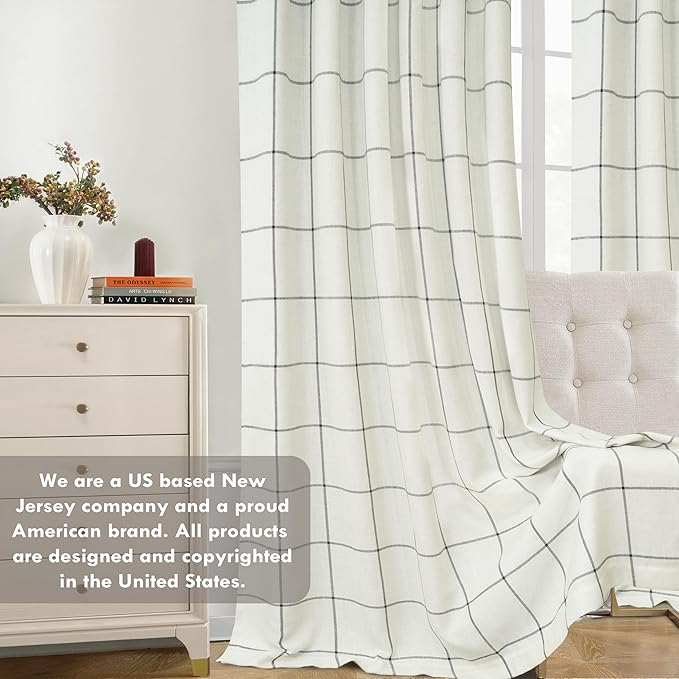 DriftAway 2 Panels 100% Blackout Windowpane Plaid Linen Curtains Double Layer Drapes for Bedroom 96 Inches Long Farmhouse Thermal Insulated 3.25 Inch Rod Pocket Back Tab for Living Room Black