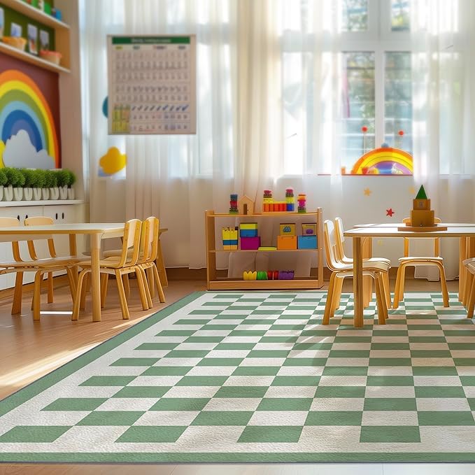 Washable 3x5 Checkered Area Rug, Sage Green Checkerboard Modern Foldable Small Rugs, Ultra-Thin Low Pile Nonslip Indoor Doorway Doormat Carpet Mat for Office Dorm Kitchen Bathroom Entryway Front Door