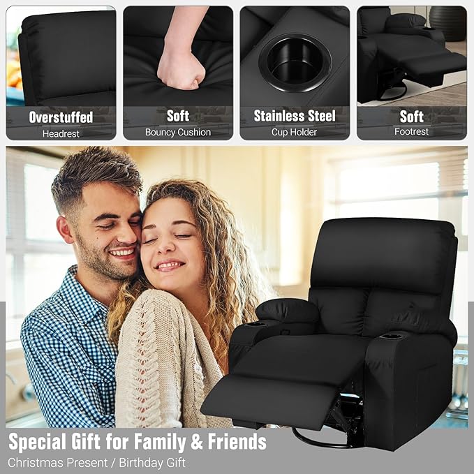 Rocking Recliner Chair, Massage Rocker Recliner Chair with Vibration Massage and Heat, 360° Swivel Faux Leather Chairs, Living Room, Bedroom, Nursery, RV, Black