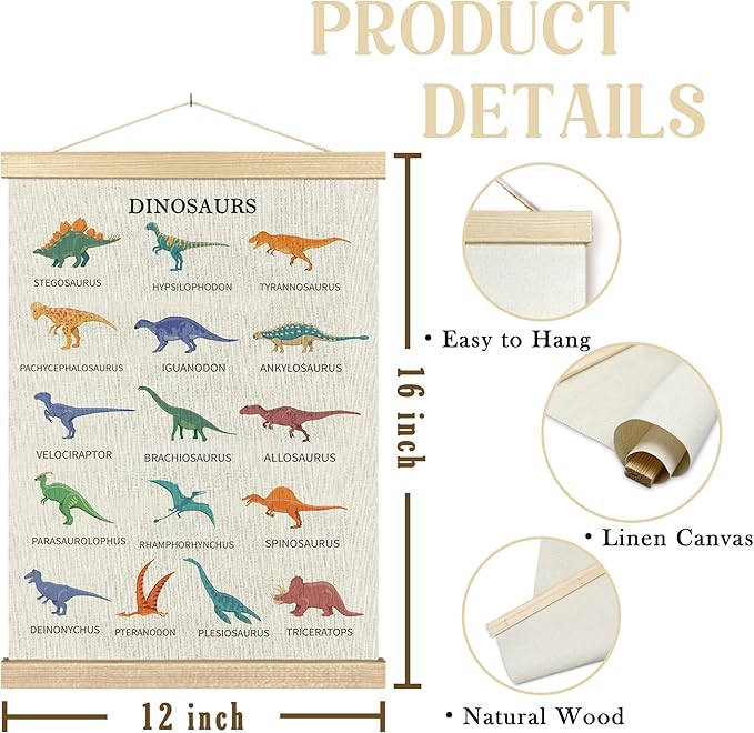 BCUANGD Dinosaur Dino Wall Decor - Baby Toddler Boys Room Wall Art Poster Hanger with Wood Frames, Inspirational Dino Wall Hanging Canvas Decor for Kids Room Playroom Nursery Bedroom, 12x16 Inches