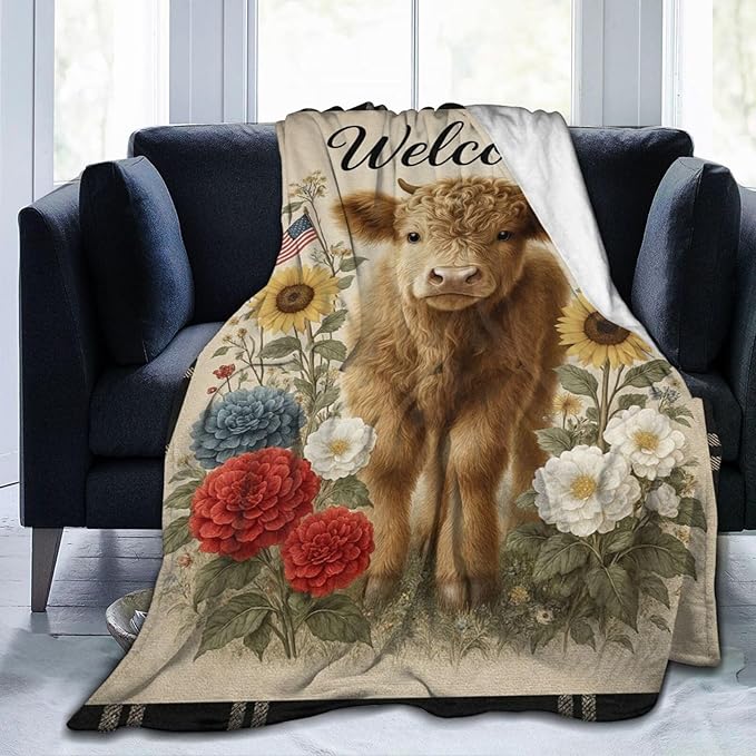 Highland Cow Blanket Farmhouse Cow Throw Blanket Soft Cozy Fleece Fuzzy Plush Warm Stuff Bedding Farm Animal Blankets Gifts for Boys Girls Kids Adult Men Women 50"X60"