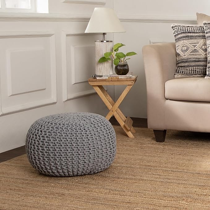 REDEARTH · Round Boho Pouf Ottoman - Cable Knitted Cord Boho Pouffe - Stuffed Poof Accent Beanbag Footrest for Living Room - Nursery - Bedroom - Covered Patio - Study Nook (19.5"x19.5"x14") - Gray