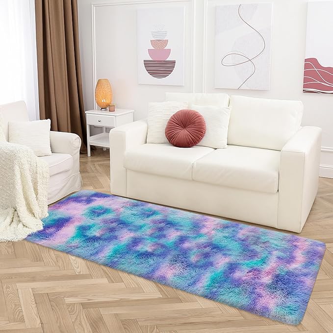 Shaggy Tie Dyed Light Blue Purple Runner Rug 2x6 ft Bedside Area Rugs for Living Room, Anti-Skid Extra Comfy Fluffy Floor Carpet for Indoor Hallway Home Decorative